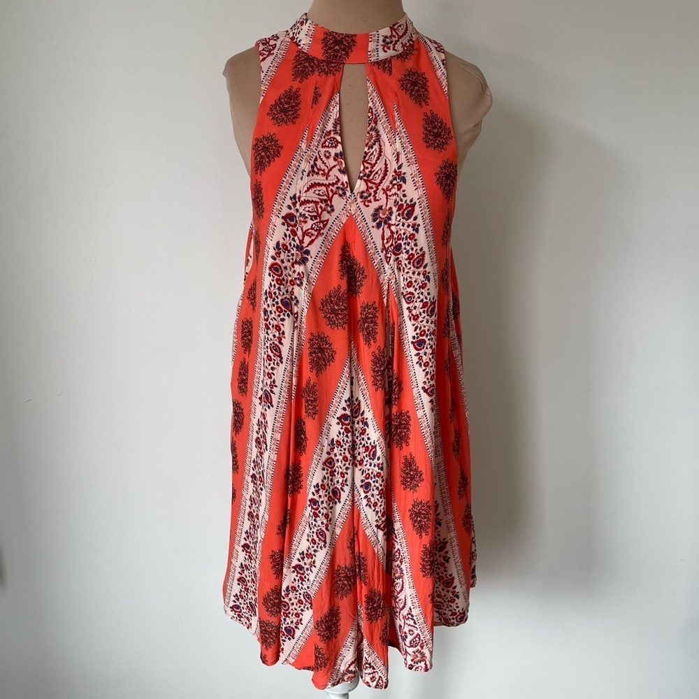 Free People Orange Multi Print Keyhole Tie Neck Sleeveless Mini Tent Dress EUC S